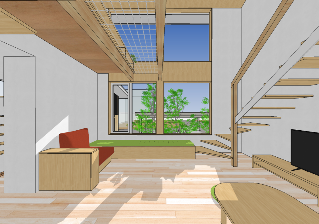 【清水台】3Dパース紹介『空を望む十字窓のある家。』－緑と、空と共に暮らす－